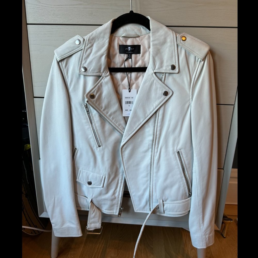 7 for all Mankind White Genuine Leather Motorcycle Jacket Size Small